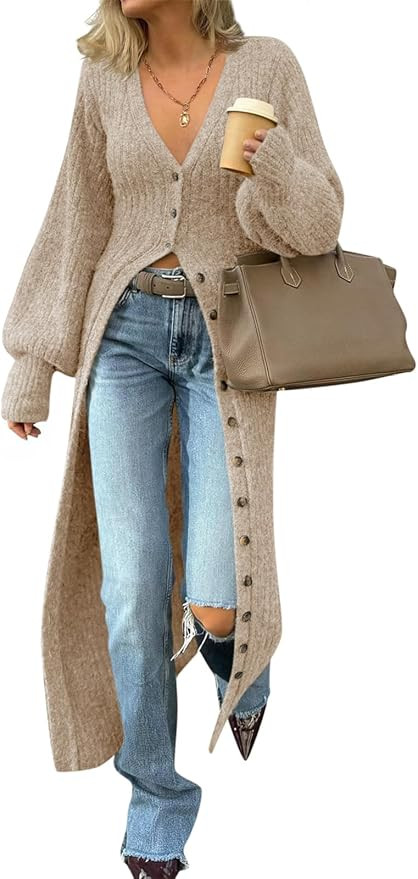 Saodimallsu Womens Long Cardigans V Neck Button Down Chunky Knit Dusters Sweater Coat Fall Trendy... | Amazon (US)