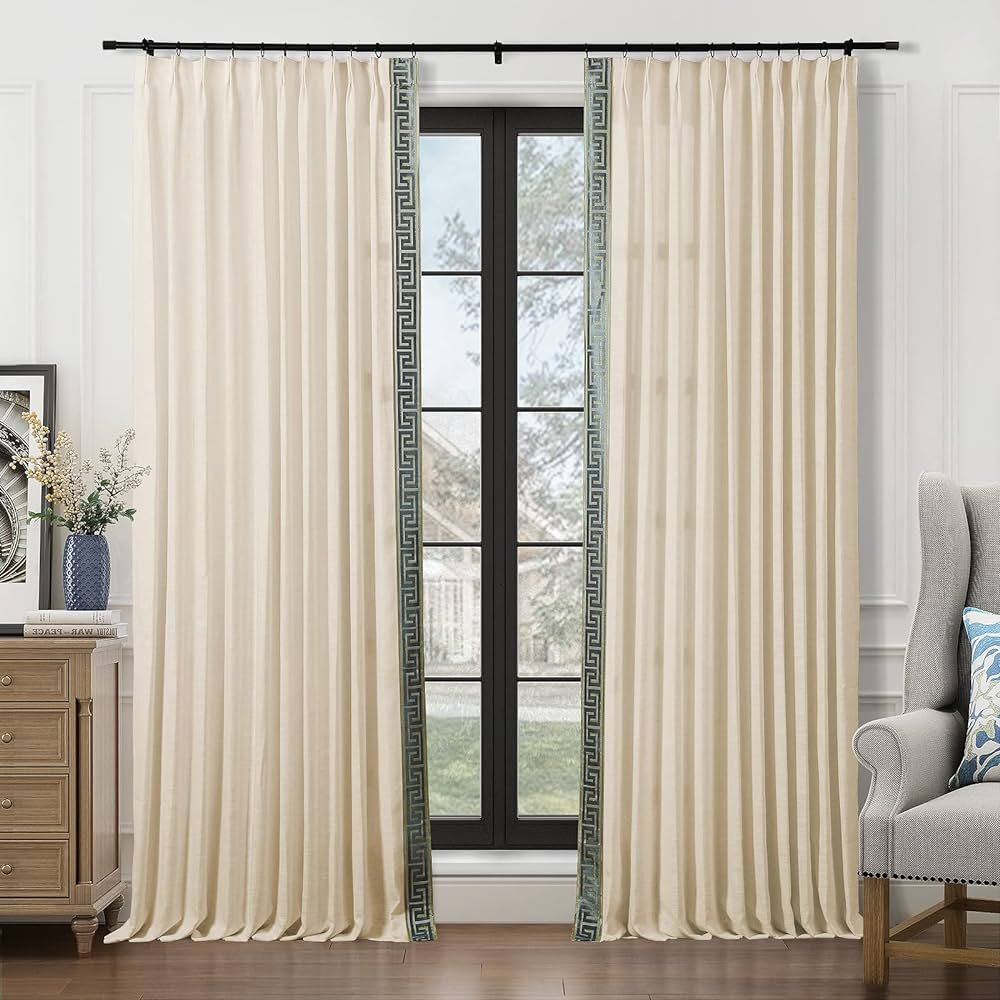 TWOPAGES Sand Beige Linen Curtains 84 Inches Long Greek Key Trim Pinch Pleat Curtains Light Blocking | Amazon (US)