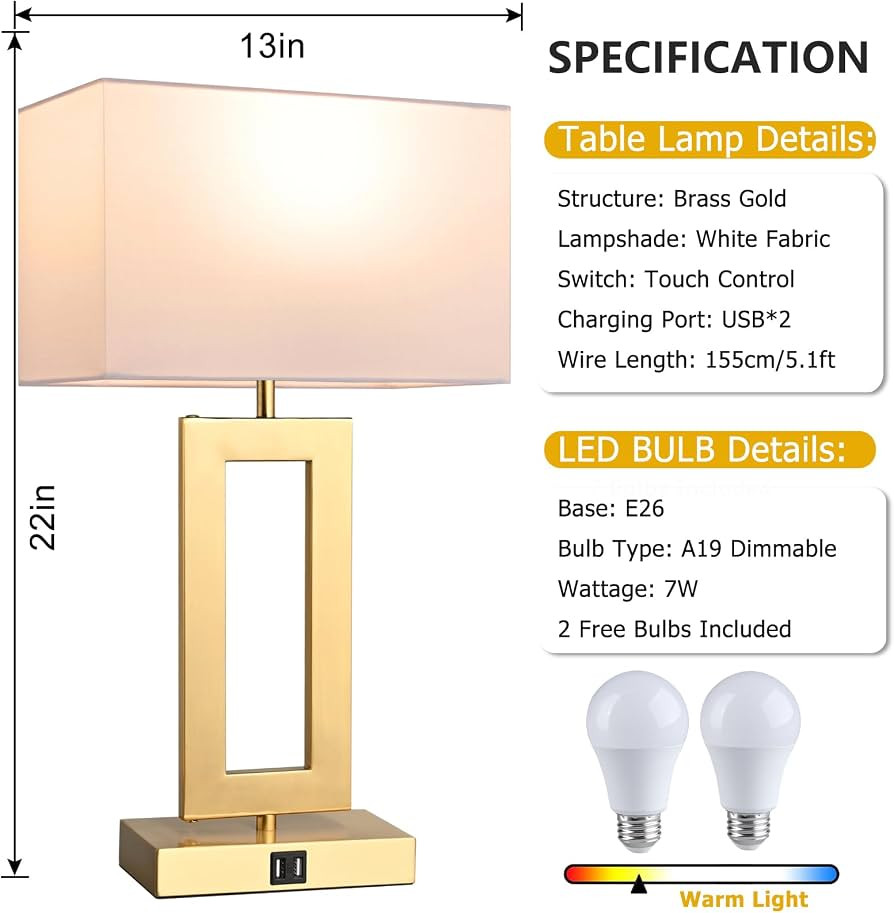 BrightWe 22\u2019\u2019 Set of 2 Touch Control Table Lamps w. 2 USB Ports, 3-Way Dimmable Bedroom... | Amazon (US)