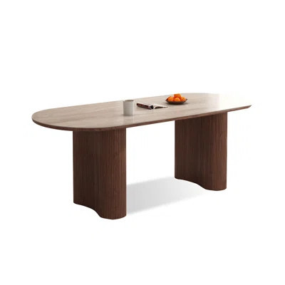 Beige + Nut-brown Oval Sintered Stone + Manufactured Wood Dining Table | Wayfair North America