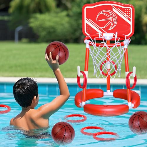 SpringFlower Pool Basketball Hoop with Backboard, Floating Basketball Pool Hoop,Kids & Adults Swimming Pool Game with Ring Toss, 2 Pcs Balls and Pump, Red | Amazon (US)