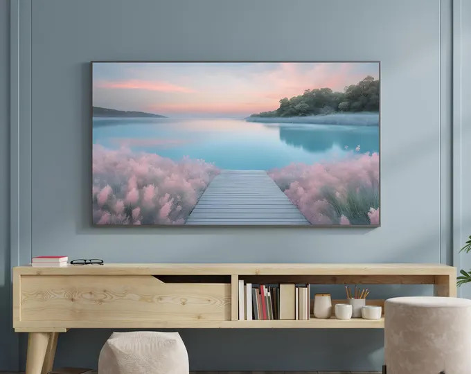 Tv Wallpaper 0106 | Digital Wallpaper | Download | TV Art | Oil Serene Little Lake in the Woods -... | Etsy (US)