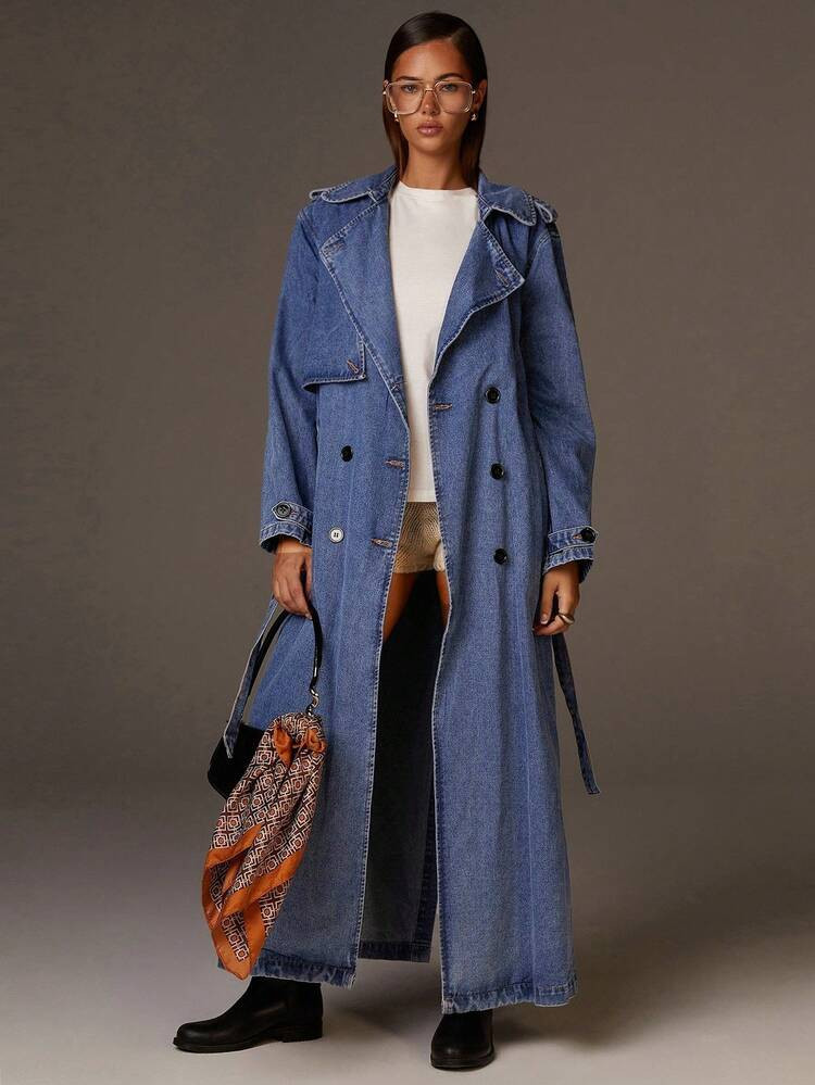 Athîral Blue Washed Denim Trench Coat, Heavy Lapel Waist Long Denim Trench Coat, Loose Retro Casual Long Coat, Women's Pilot Long Jacket, Autumn Fashion, | SHEIN