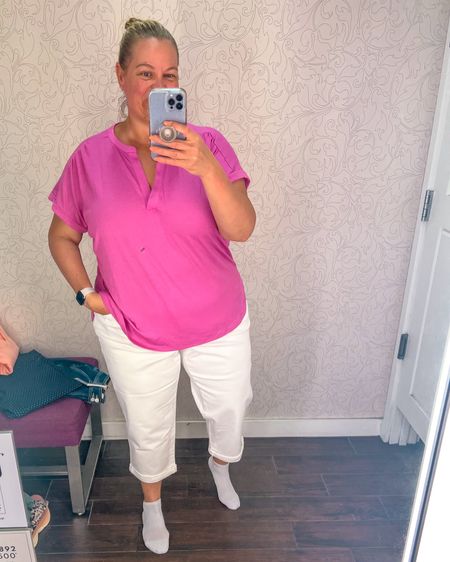 White capri jeans with his gorgeous hot pink gauzy top. A relaxed feel but a cute look. 

#LTKPlusSize #LTKStyleTip #LTKOver40