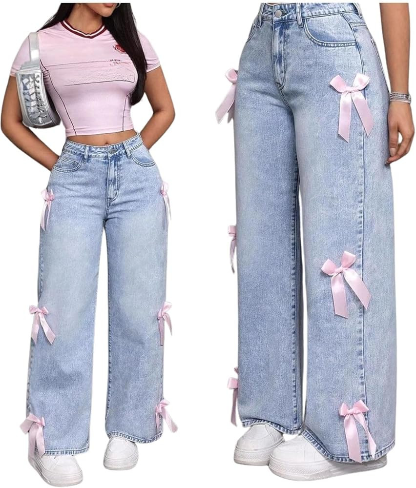 Baggy Jeans for Teen Girls Woman Bow Jeans High Waist Wide Leg Loose Pants Casual Streetwear Cute... | Amazon (US)