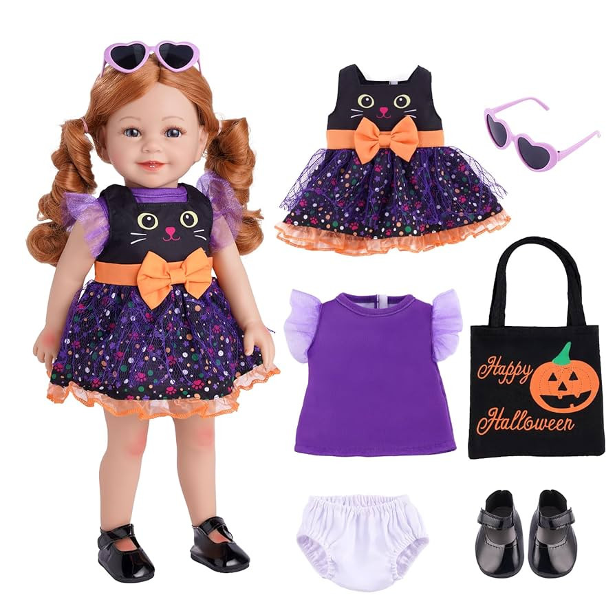 BABESIDE Reborn Baby Doll Clothes Halloween Outfit,6 Pcs Costume Set with Cat Dress, Pumpkin Bag,... | Amazon (US)