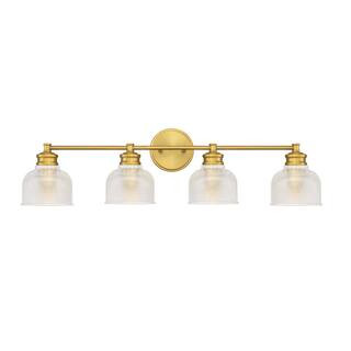 32 in. W x 9.25 in. H 4-Light Natural Brass Bathroom Vanity Light with Clear Glass Shades | The Home Depot