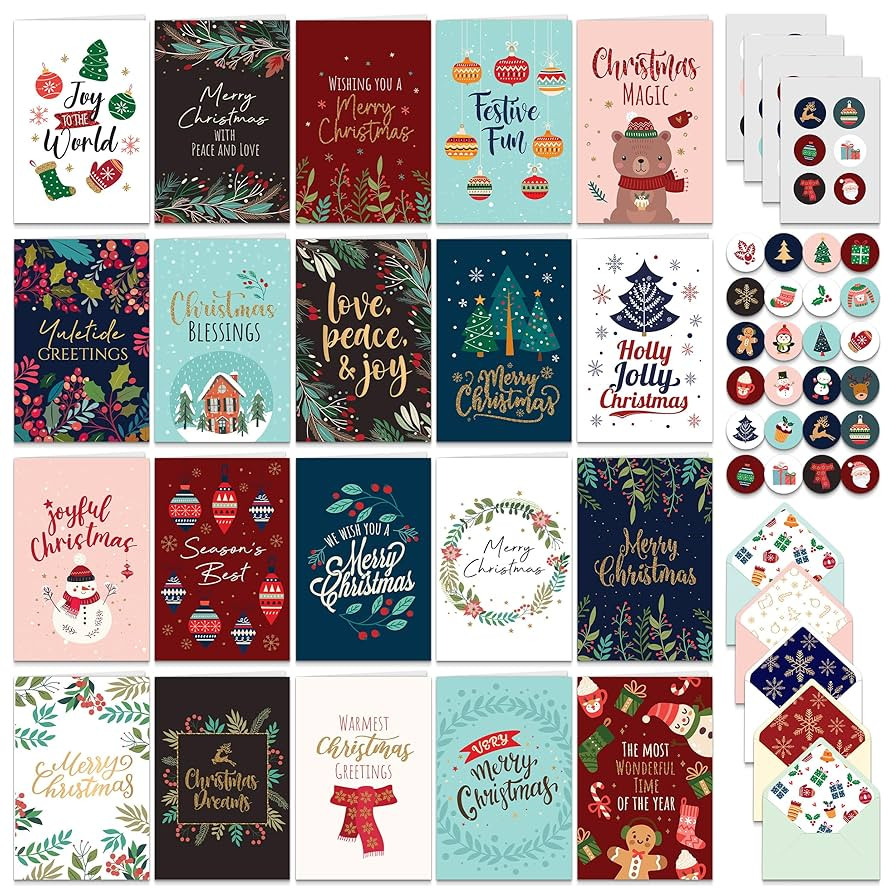 Decorably 100 Pack Foiled and Glittery 6x4in Christmas Cards with Envelopes Bulk and Stickers, 20... | Amazon (US)