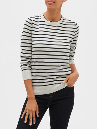 Petite Washable Forever Stripe Scallop Crew-Neck Sweater | Banana Republic Factory