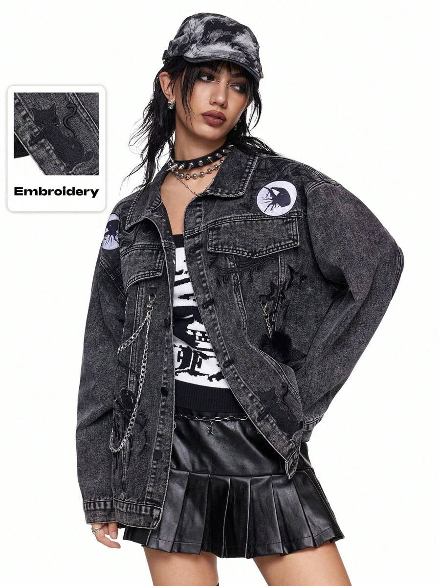 ROMWE Grunge Punk Grunge Punk Distressed Rock Band Party Denim Jacket With Washing, Chain, Embroi... | SHEIN