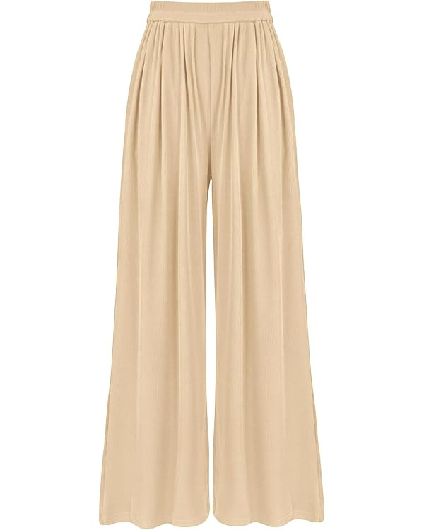BTFBM Womens Casual Wide Leg Pants Summer Fall Clothes Pleated Elastic Waist Loose Palazzo Knit T... | Amazon (US)