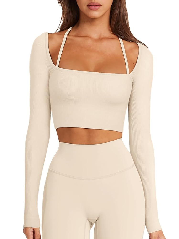  Womens Sexy Square Neck Crop Top Ribbed Seamless Long Sleeve Workout Tops Halter Neck Ath... | Amazon (US)