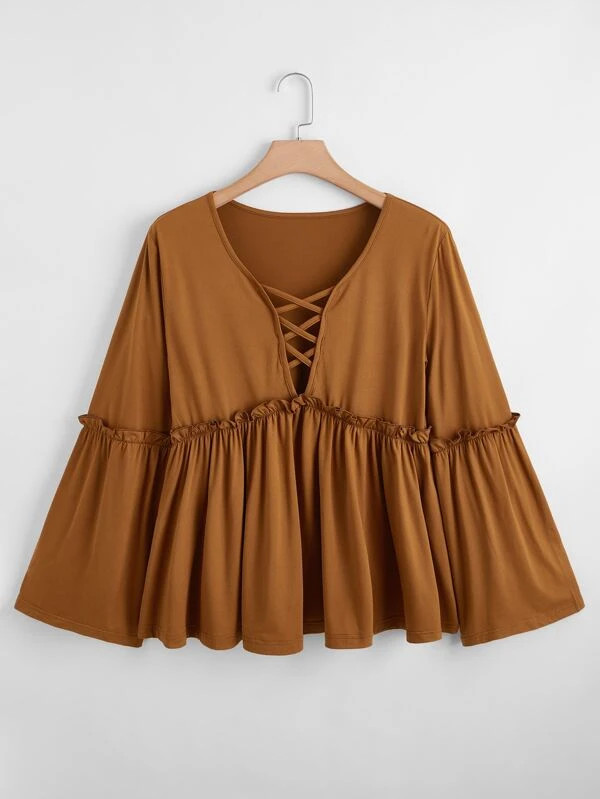Plus Criss Cross Front Frill Trim Peplum Blouse | SHEIN