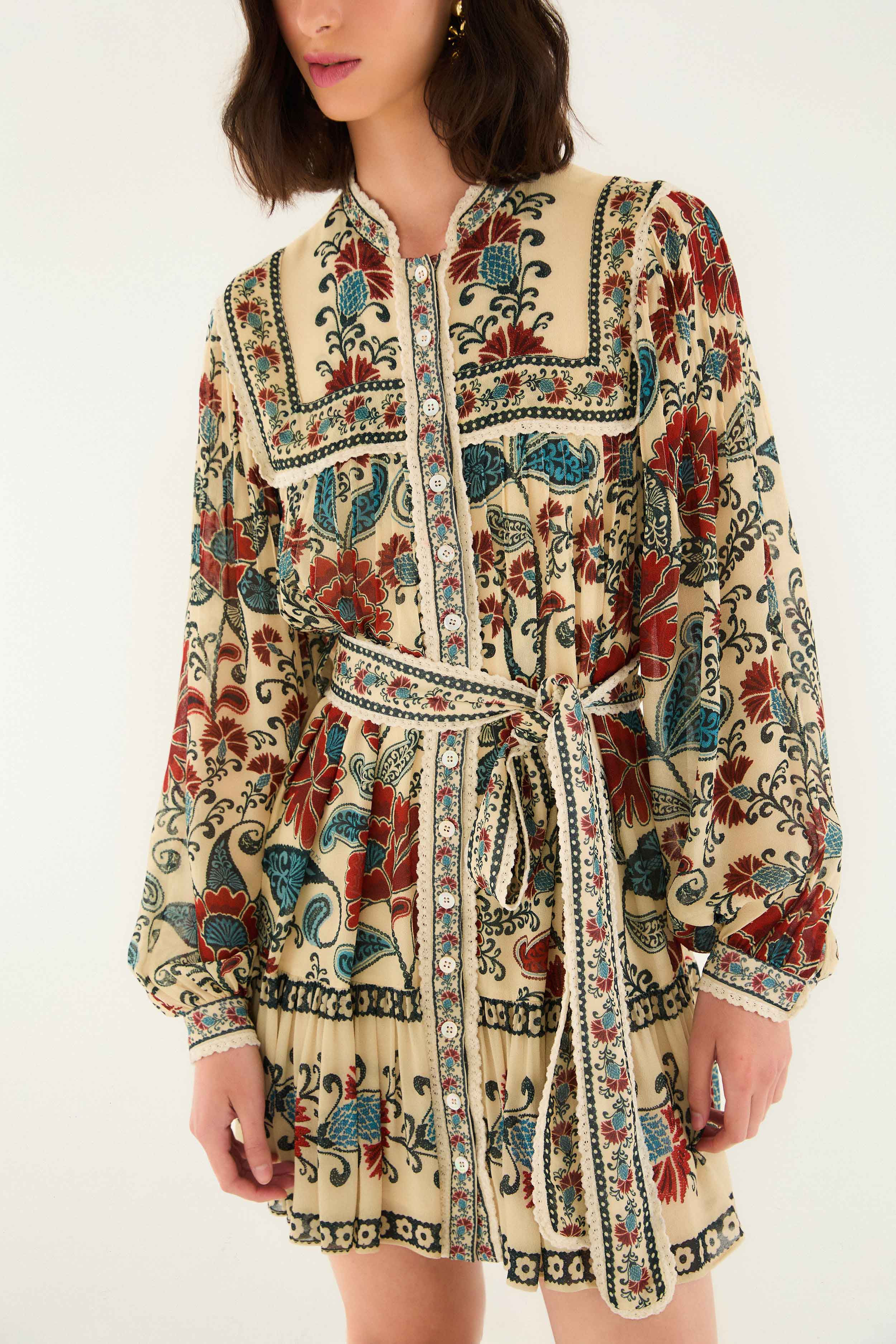 Sand Francesca Long Sleeve Mini Dress | FARM Rio | FarmRio (US)