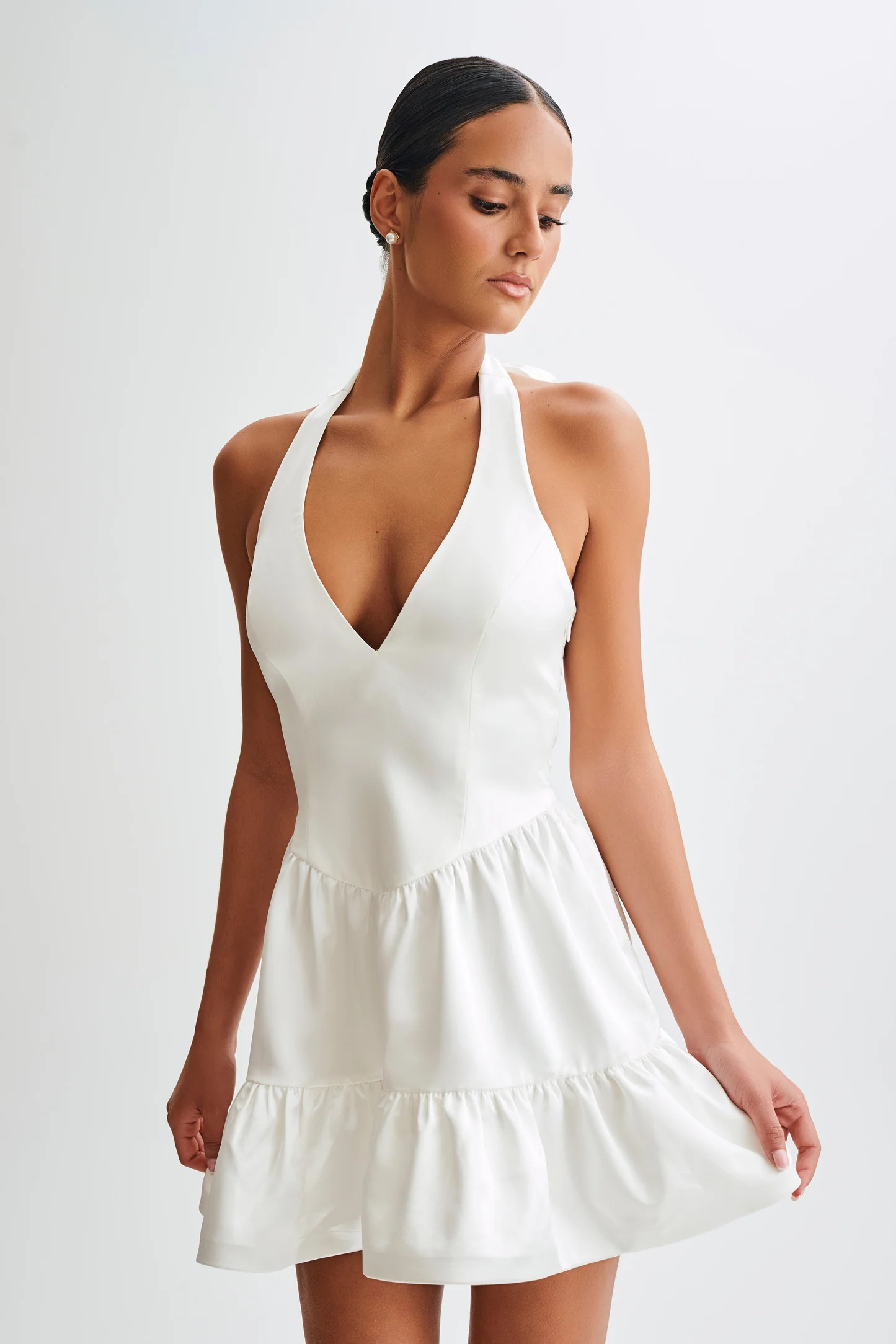 Holly Satin Structured Halter Mini Dress - White | MESHKI US