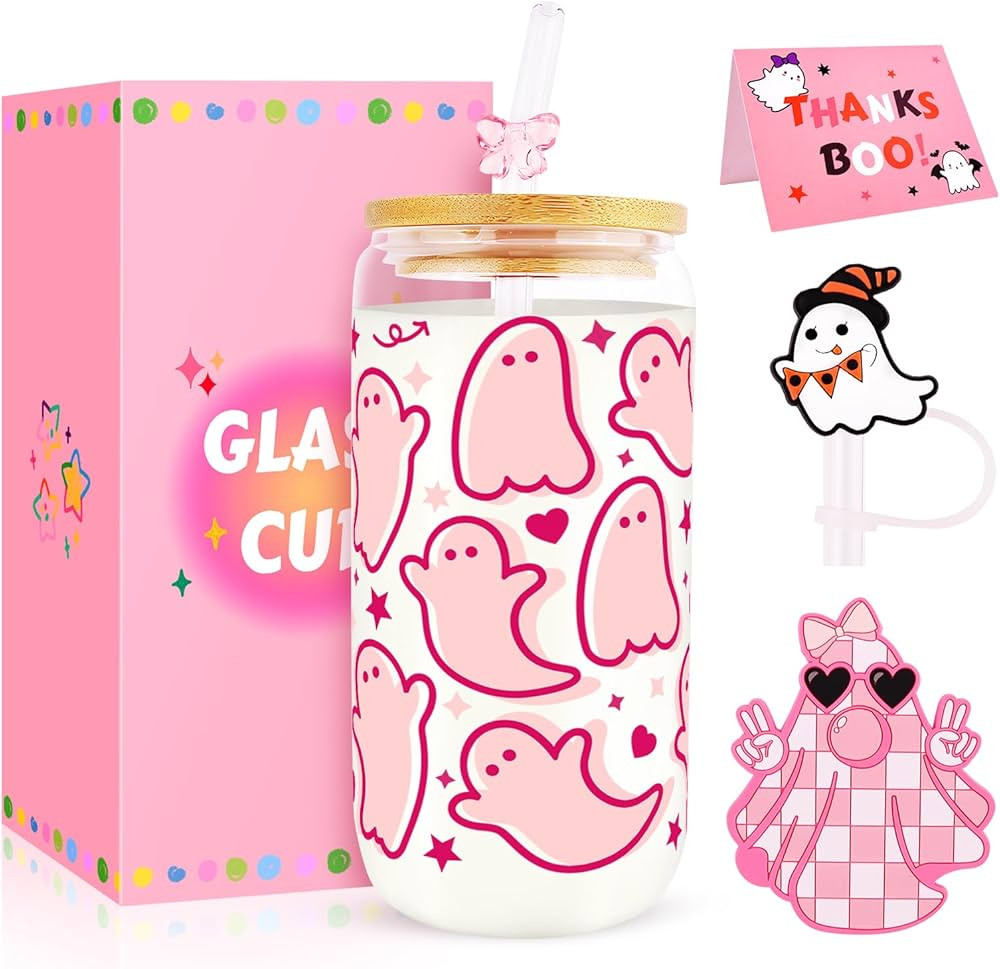 Halloween Glass Cups with Lids and Straws, Cute Halloween Gifts Basket for Women Girls Teens, 16o... | Amazon (US)
