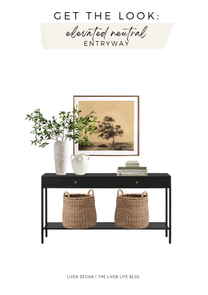 Elevated neutral entryway. Home decor. Black console table. Landscape painting. Neutral art. Ceramic vase. Pottery. Woven baskets. Coffee table books. Decorative box 

#LTKSeasonal #LTKHome #LTKSaleAlert
