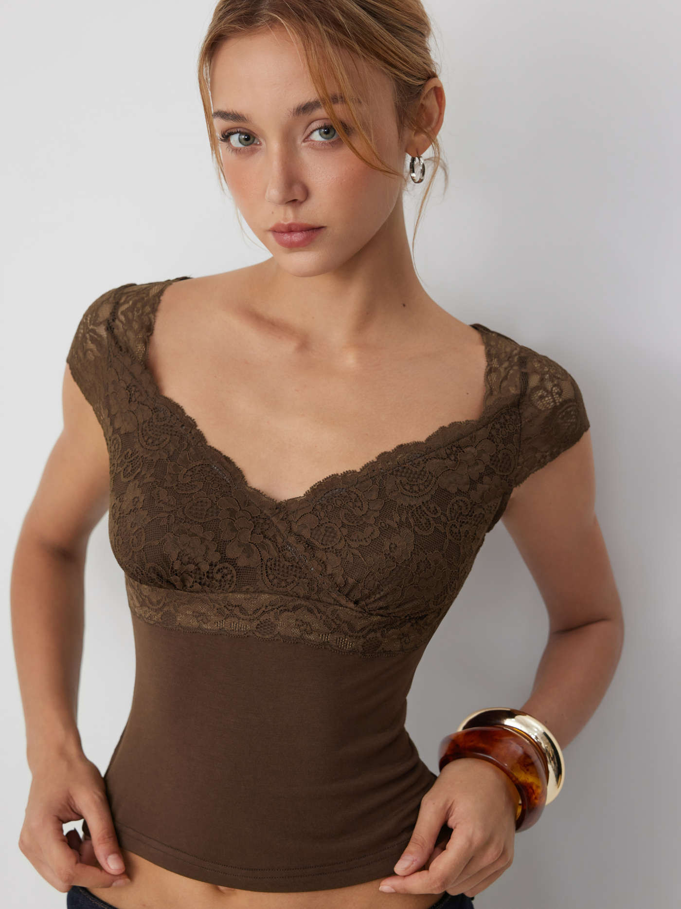 Knit Fabric Lace Trim Sweetheart Neck Short Sleeve Tee For Daily Casual Date | Cider