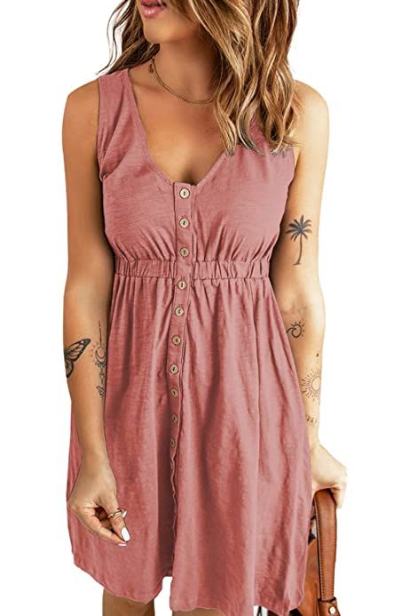 BLENCOT Women's Casual V Neck Sleeveless Button Down Dress Summer Elastic Waist A-Line Swing Tank Dr | Amazon (US)