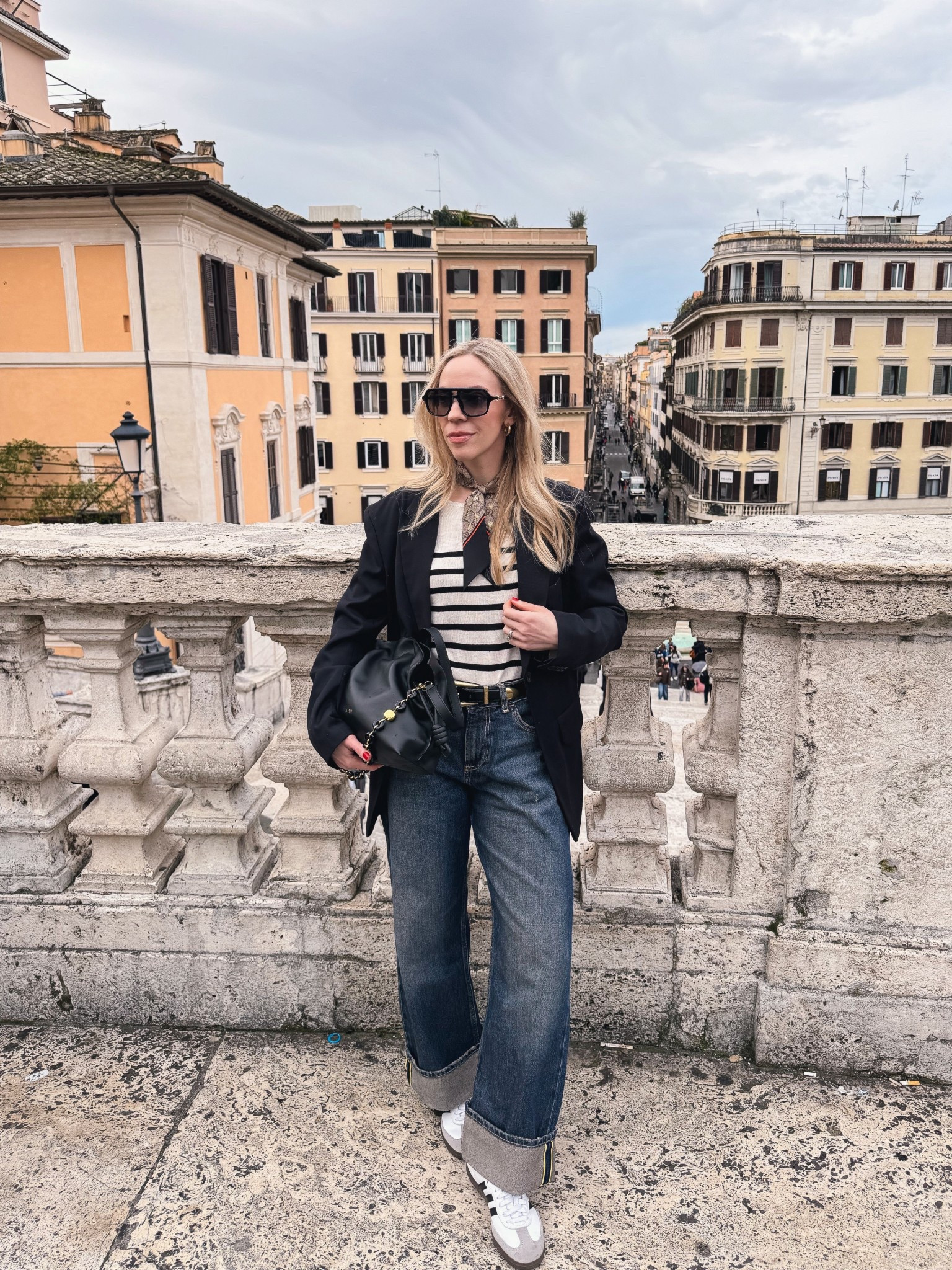 Travel outfit, spring outfit, European vacation, oversized black blazer, striped tee, Gucci silk scarf, @Zara cuffed baggy jeans, Adidas Samba sneakers 

#LTKSeasonal #LTKOver40 #LTKTravel