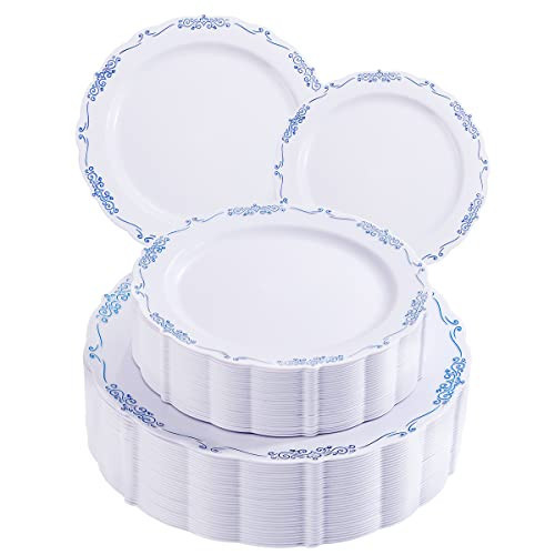 DaYammi 60PCS Blue and White Plastic Plates Blue Rim White Disposable Plates Blue White Party Platos Include:30 Plastic Dinner Plates 30 Dessert Platos and Wedding | Amazon (US)