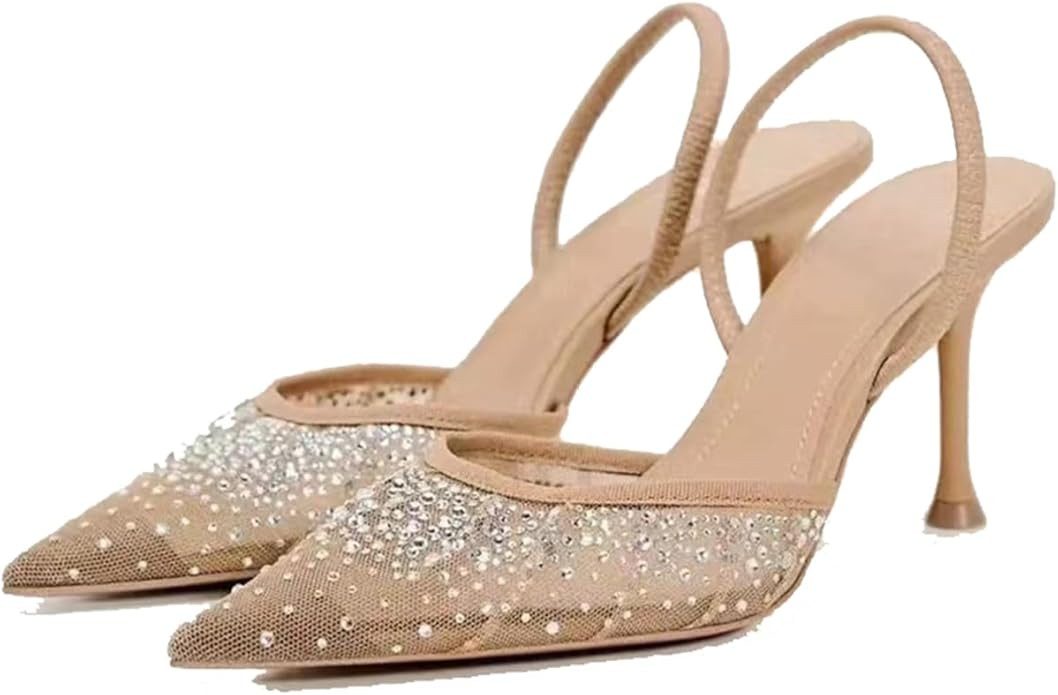 MRKEWUNEY Fashion Mesh Slingback Pumps Shoes for Women Ankle Strap Pointed Toe Pumps | Amazon (US)