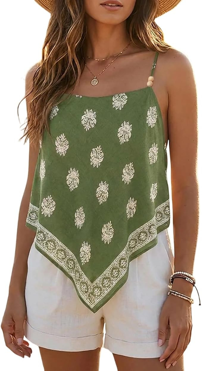 CHICME Tropical Tops for Women Parrot Floral Print Cami Top Beaded Spaghetti Strap Boho Vacation ... | Amazon (US)