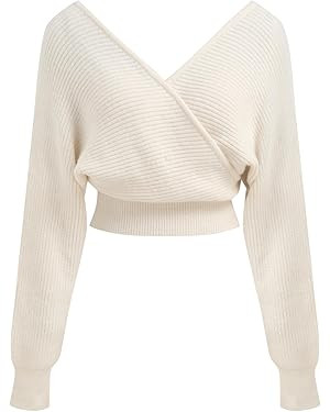 CIDER Cropped Sweaters for Women V Neck Wrap Cross Front Solid Knit Pullover Long Sleeve Tops | Amazon (US)