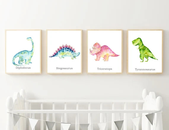 Dinosaur Nursery Prints, Set of 4, Dinosaur Name Prints, Nursery Wall Art, Baby Decor, Watercolou... | Etsy (US)