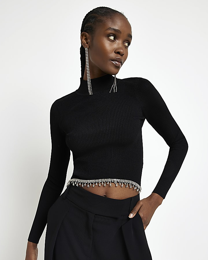 Black rib diamante fringe long sleeve top | River Island (UK & IE)