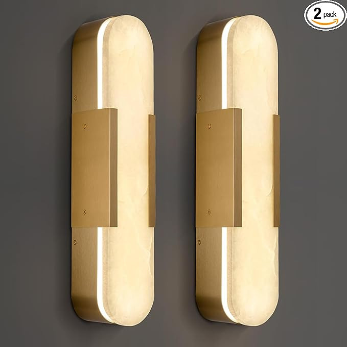 Wall Sconces Set of 2, Alabaster Wall Light, 19.7'' Indoor Vanity Light Fixtures for Bathroom,Bra... | Amazon (US)