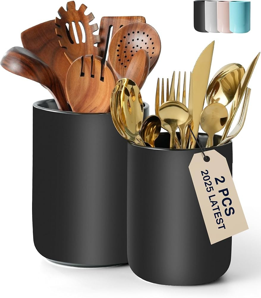 Set of 2 Utensil Holder, 7"+5" Ceramic Kitchen Utensil Holder for Countertop, Large Cooking Utens... | Amazon (US)