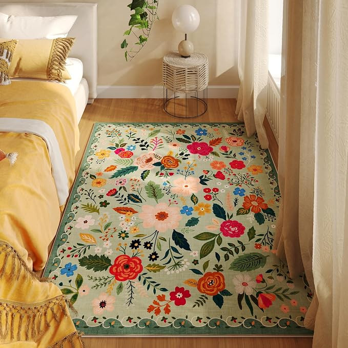 Bedroom Rug 3x5 Rug Washable Area Rug Non Slip Low Pile Boho Floral Small Carpet for Bedroom, Bed... | Amazon (US)