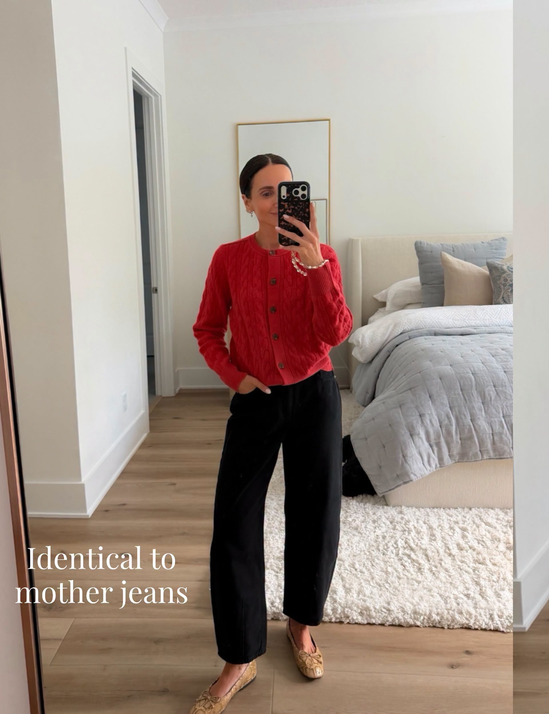 These @Target jeans look almost identical to the popular MOTHER denim, without the designer price tag. I love the relaxed barrel leg silhouette, cropped length, and structured shape. Paired with a red cable knit cardigan and pointed toe flats, they make a great fall outfit. Such a good option if you love the MOTHER jeans look for less.
Target jeans, MOTHER jeans look for less, MOTHER denim alternative, Target barrel jeans, black barrel leg jeans, affordable designer inspired denim, cropped jeans, Target denim, red cable knit cardigan, fall outfit, jeans for women over 40, annabrstyle