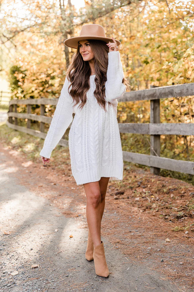 CAITLIN COVINGTON X PINK LILY The Krista Cable Knit Ivory Sweater Dress | The Pink Lily Boutique