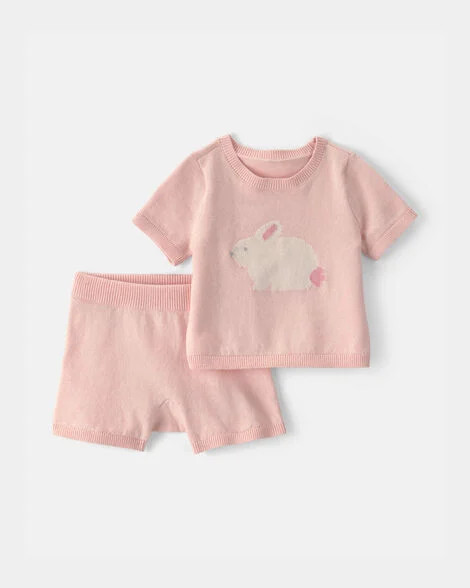 Baby Girl 2-Piece Bunny Short-Sleeve Sweater Top & Short Set - Pink | Carter's | Carter's Inc