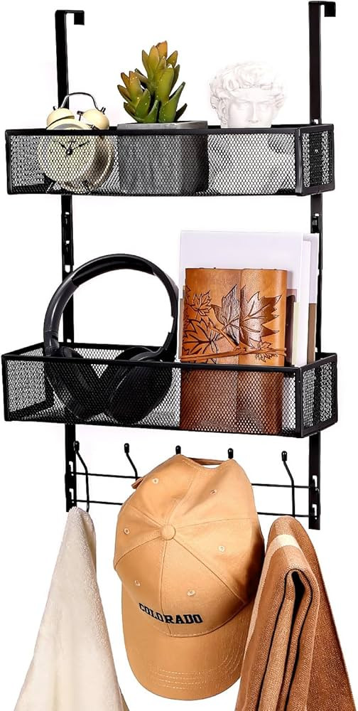 Over The Door Hooks Organizer, Door Hanger Storage Organizer with 5 Hooks and 2 Mesh Baskets, Beh... | Amazon (US)