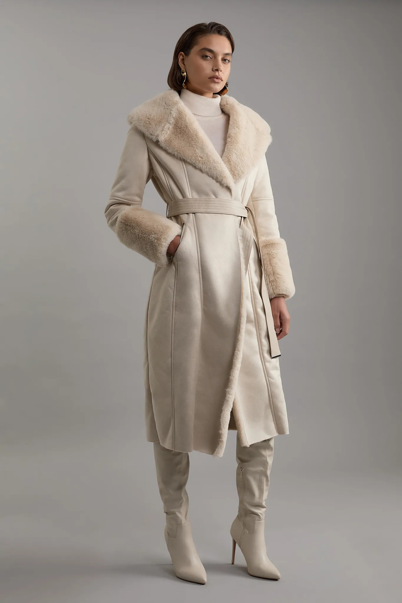 Jackets & Coats | Tall Faux Shearling Collar & Cuff Belted Long Coat | KarenMillen | Debenhams UK