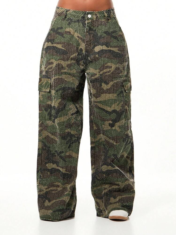 SUMWON WOMEN High Rise Cargo Pants With Sequined Camouflage Pattern Wide Leg Palazzo Style | SHEIN