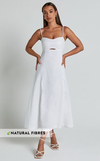 Amalie The Label - Carietta Linen Blend Strappy Sweetheart Cut Out A Line Midi Dress in White | Showpo (US, UK & Europe)