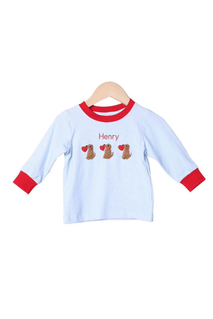 Smocked Sweet Puppy Love Blue Gingham Shirt | The Smocked Flamingo