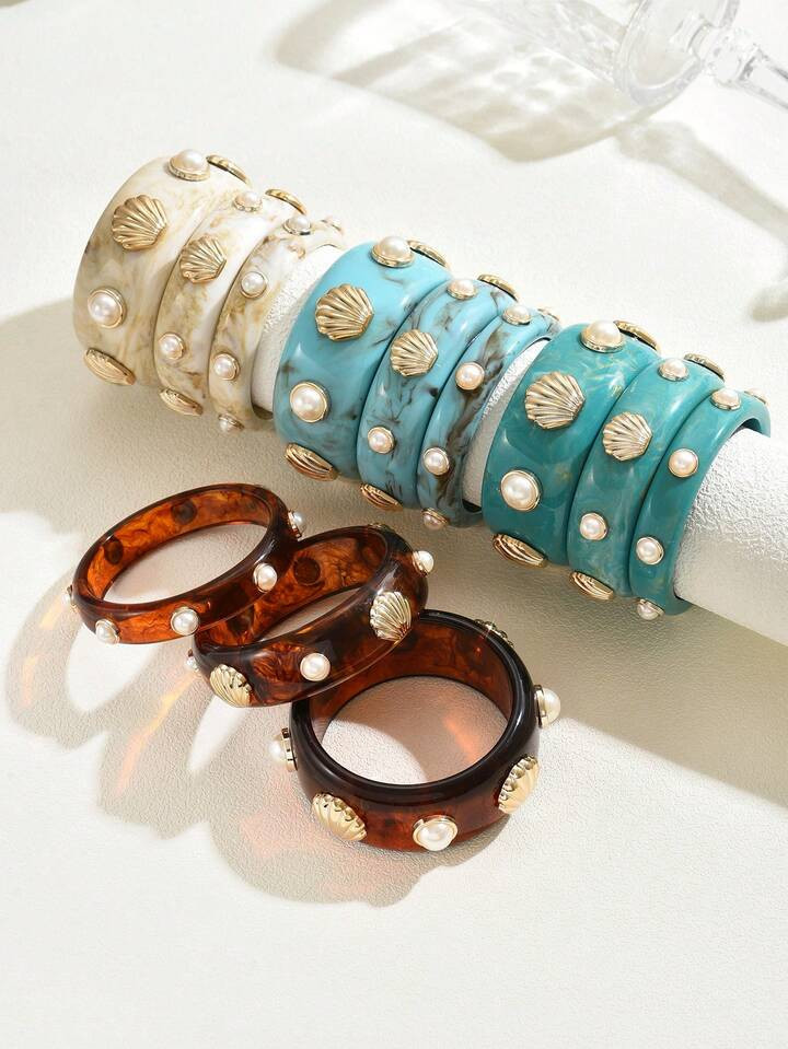 1pc Fashionable Beach Vacation Style Resin Bracelet With Embedded Faux Pearl And Shell, Suitable ... | SHEIN