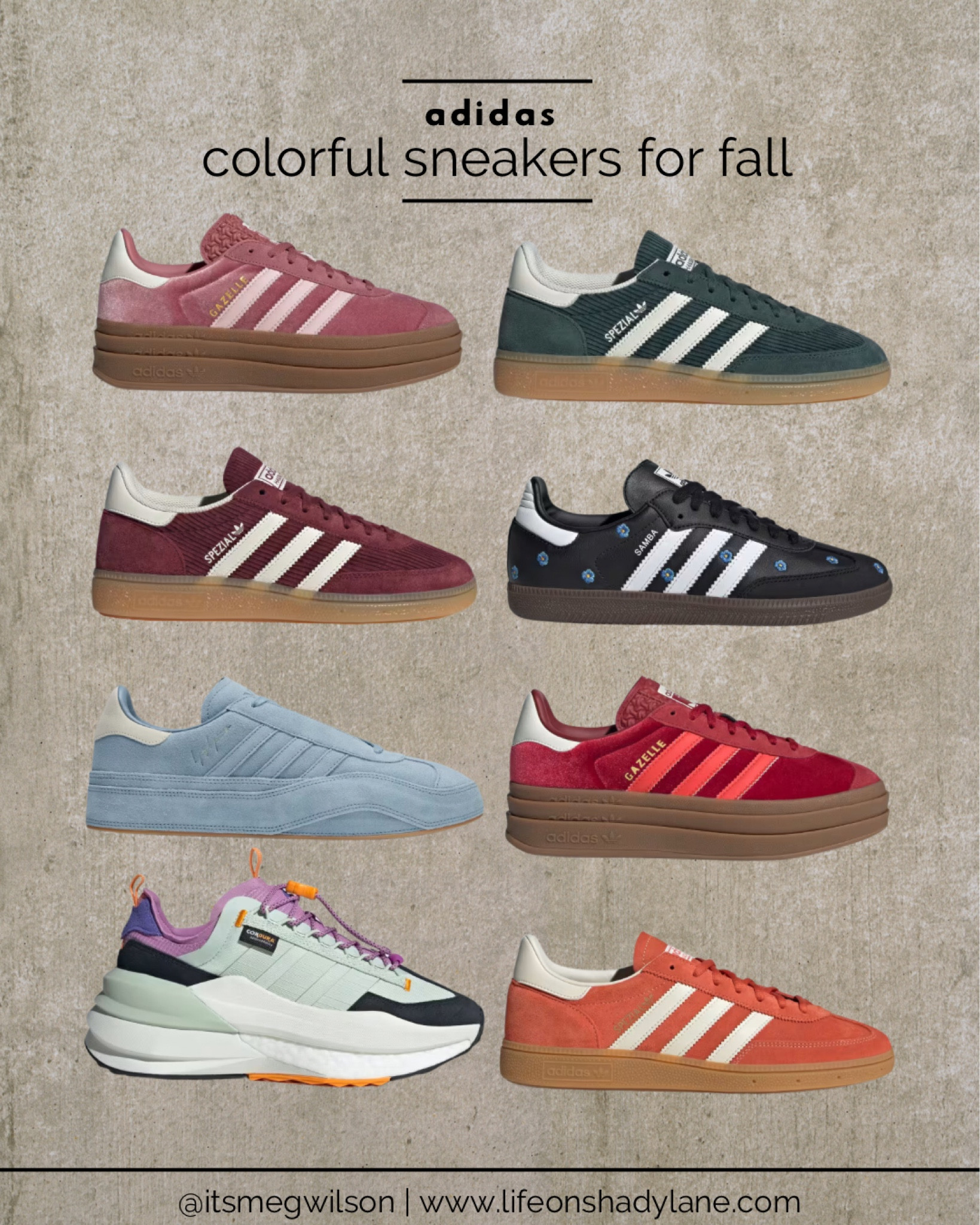 Colorful adidas sneakers for fall - loving all of the FUN colorful options!! ALSO I always go down 1/2 size in adidas sneaks. I’m usually a 7.5 but wear size 7 in adidas  