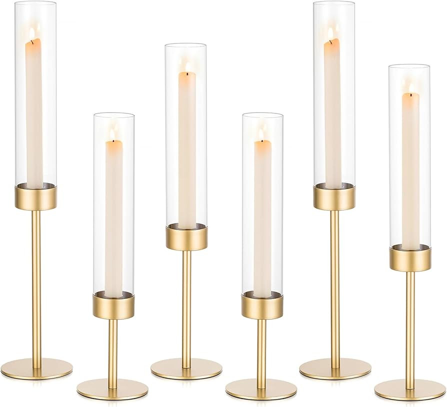 Sziqiqi Wedding Hurricane Candle Holders: 6 Pcs Gold Candlestick Holders Table Centerpiece - Tape... | Amazon (US)