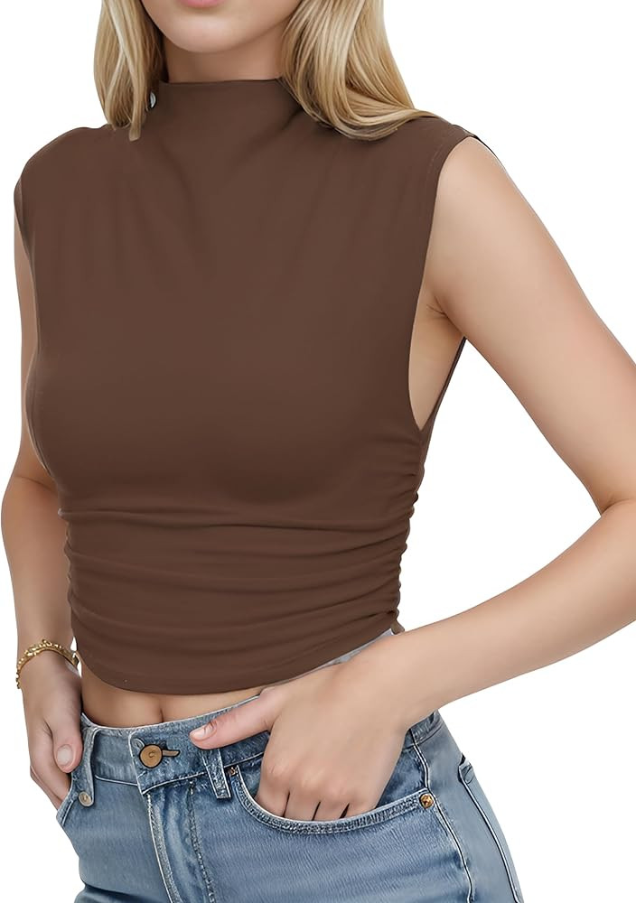 Lauweion Women Sleeveless Mock Neck Crop Top Side Ruched Slim Fit Asymmetrical Hem Solid Basic Hi... | Amazon (US)