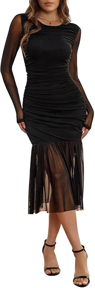 Pink Queen Women's 2025 Long Sleeve Bodycon Dress Mesh Slim Ruched Maxi Dresses Party Cocktail | Amazon (US)