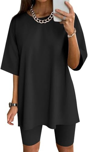 Ekouaer Women Cotton Lounge Sets Summer Outfits T-Shirt Top and Biker Short Set 2 Piece Matching Tracksuit Fashion Black Medium | Amazon (US)