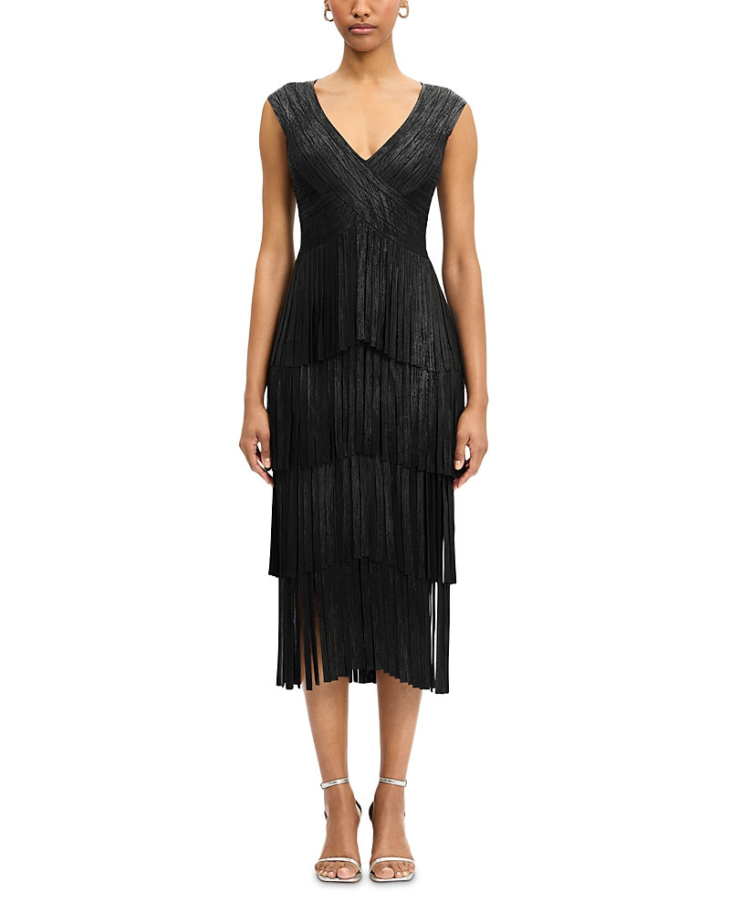 Herve Leger V Neck Foil Fringe Midi Dress | Bloomingdale's (US)
