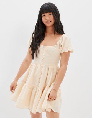 AE Striped Button-Front Babydoll Mini Dress | American Eagle Outfitters (US & CA)