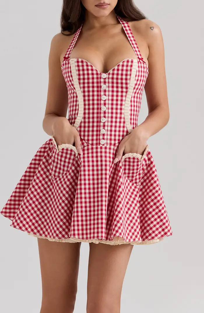 HOUSE OF CB Heidi Fit & Flare Gingham Halter Minidress | Nordstrom | Nordstrom